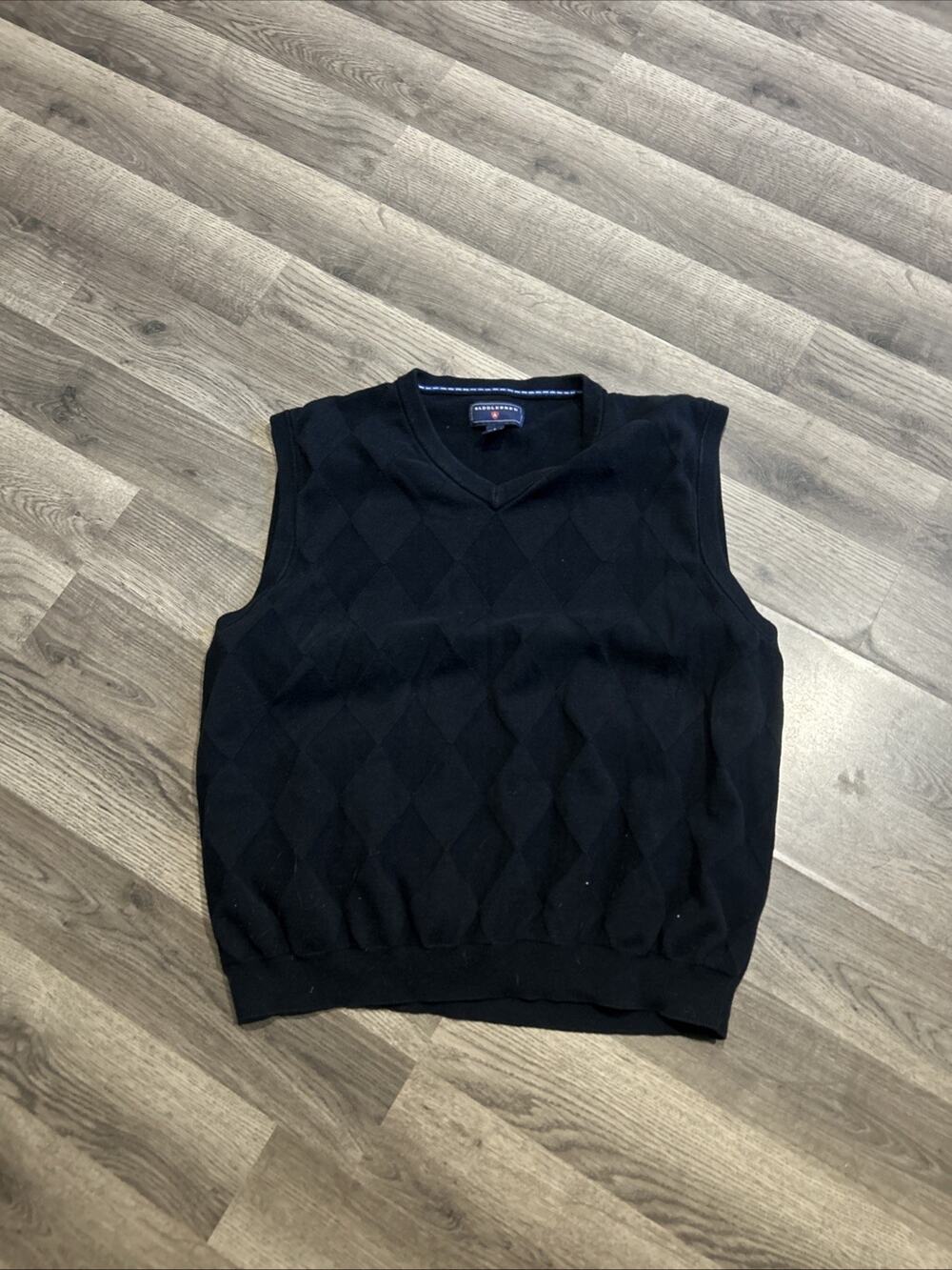 Saddlebred Knitted Vest L Mens Black Print Sweater V Neck Cotton Golf Office
